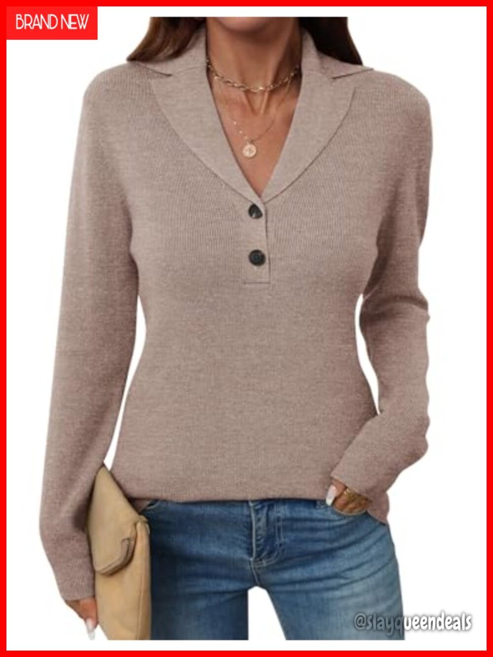 Womens Button Sweater Long Sleeve V-Neck Collared Pullover Knit